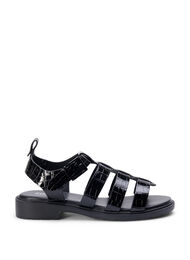 Sandal med bred passform i glänsande krokodilskinn, Black, Packshot