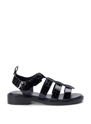 Sandal med bred passform i glänsande krokodilskinn, Black, Packshot image number 0