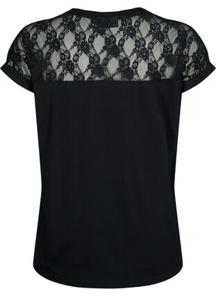 Kortärmad t-shirt av bomull med spets, Black, Packshot image number 1