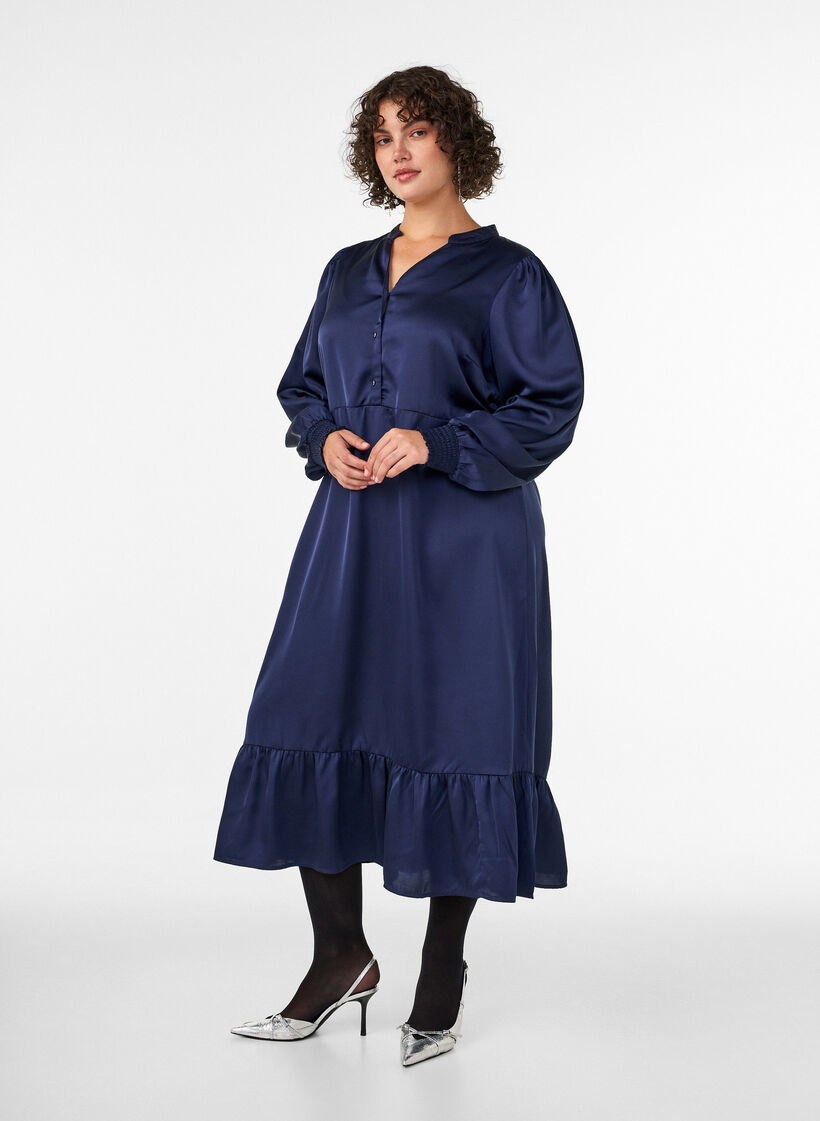 Satinkl&auml;nning med l&aring;nga &auml;rmar och V-ringning, Bl&aring;, Model image number 0