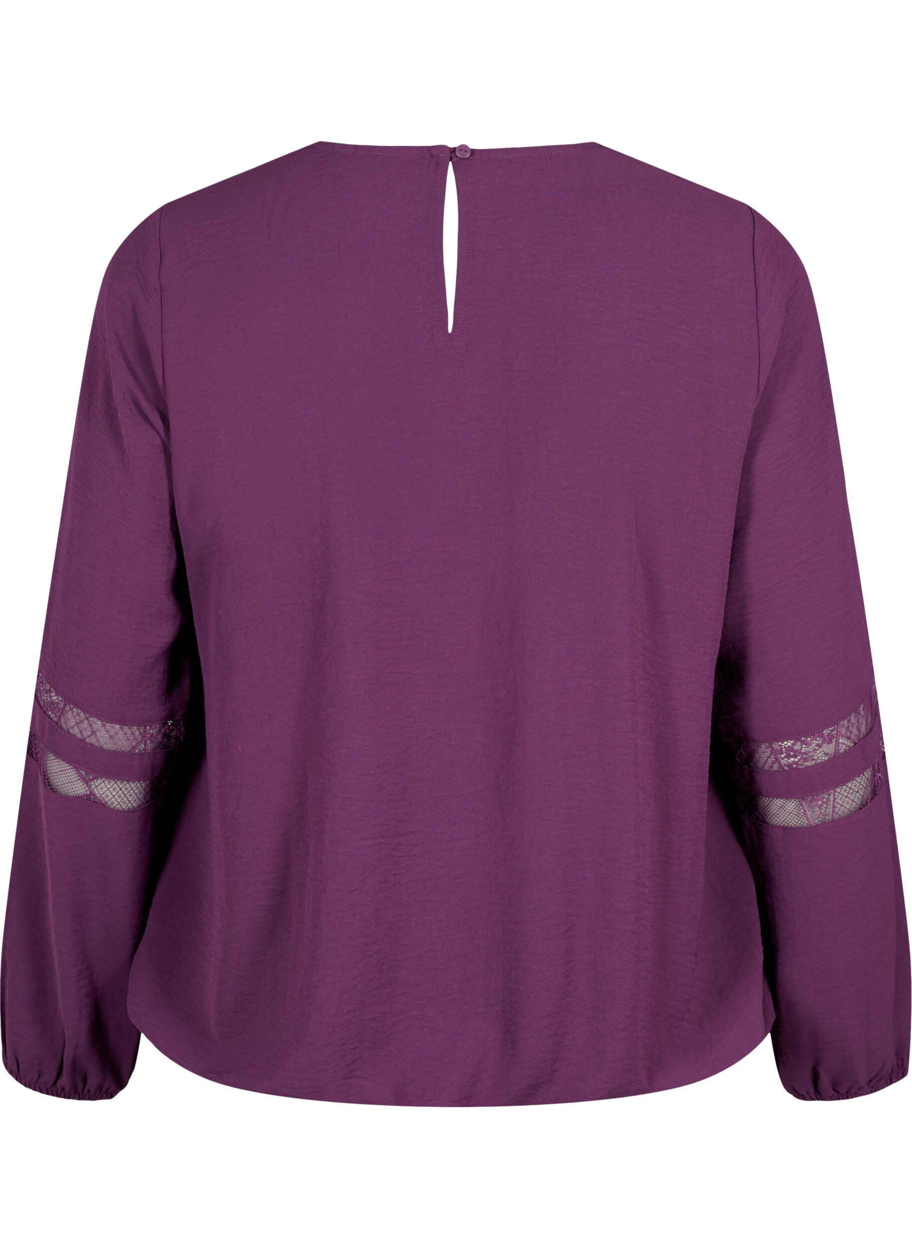 Zizzi L&aring;ng&auml;rmad blus med spets, Deep Purple, Packshot image number 1