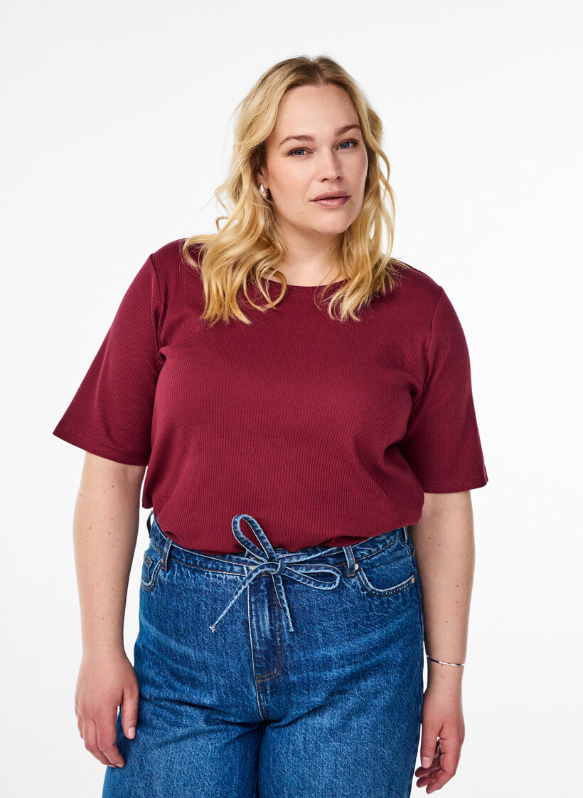 Blus i ribbad jersey med korta &auml;rmar, M&ouml;rk Bordeaux, Model image number 0