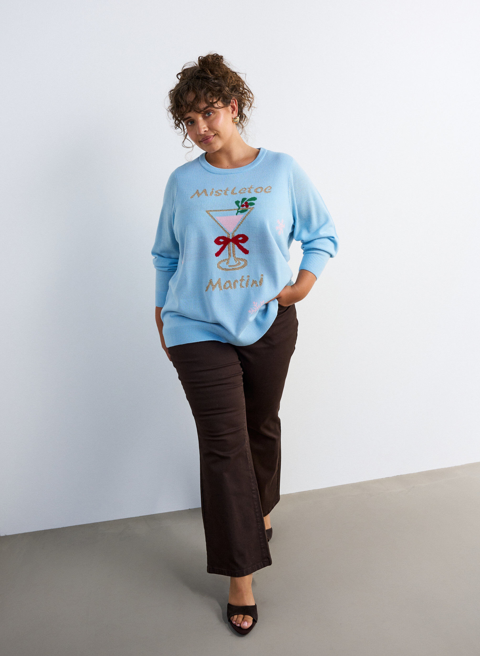 ZizziStickad blus med julmotiv, Bl&aring;, Model image number 1