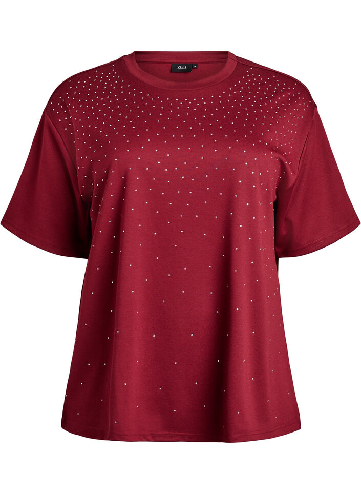 T-shirt med strass och rund hals, M&ouml;rk Bordeaux, Packshot image number 0