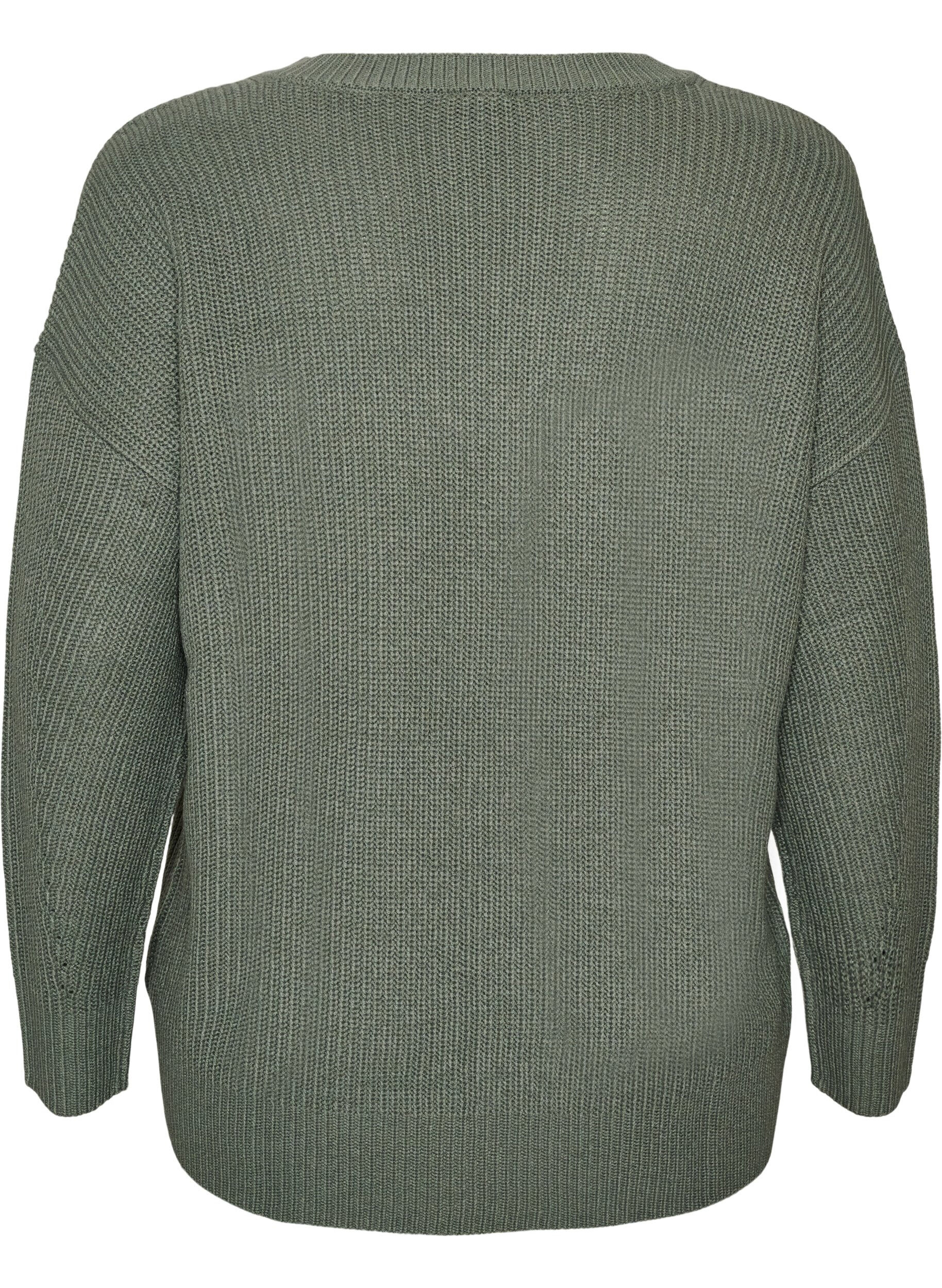 ZizziL&aring;ng ribbstickad blus med V-ringning, Gr&ouml;n, Packshot image number 1