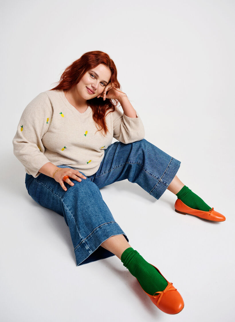 Stickad blus med citroner och 3/4-ärm, P. Stone Mel. Lemon, Image image number 0