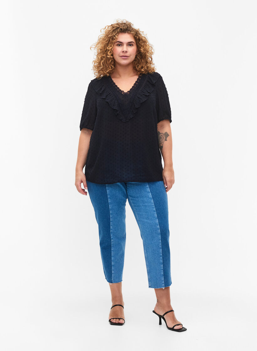 Blus med korta ärmar och prickig struktur, Night Sky, Model image number 2