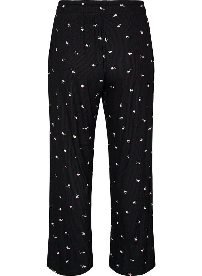 Pyjamasbyxor med ribbad struktur och blommigt m&ouml;nster, Svart, Packshot image number 1