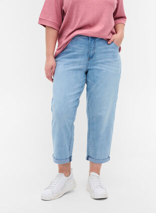 Croppade jeans med uppvikta ben och hög midja, Light blue denim, Model image number 2