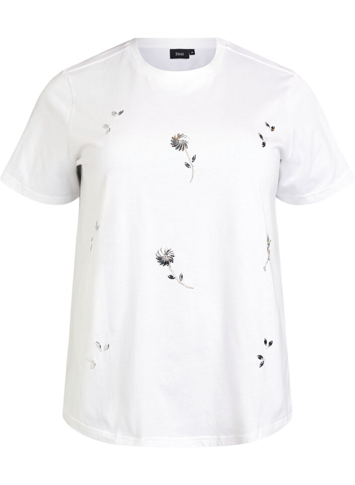T-shirt med paljettblommor, Vit, Packshot image number 0
