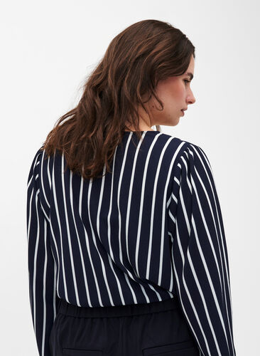 Skjortblus med V-ringning och tryck, Maritime Blue Stripe, Model image number 1