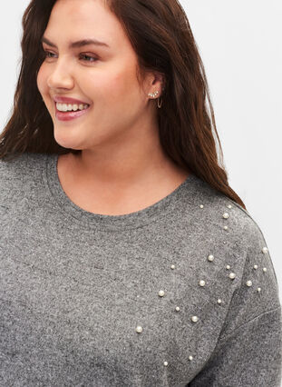 Långärmad tröja med pärlor, Medium Grey Melange, Model image number 2