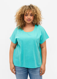Kortärmad blus i bomullsmix med linne, Turquoise, Model