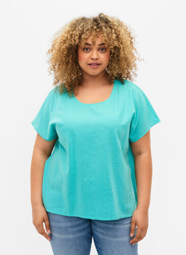 Kortärmad blus i bomullsmix med linne, Turquoise, Model image number 0