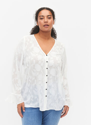 Långärmad skjorta med jacquard-look, Bright White, Model image number 0