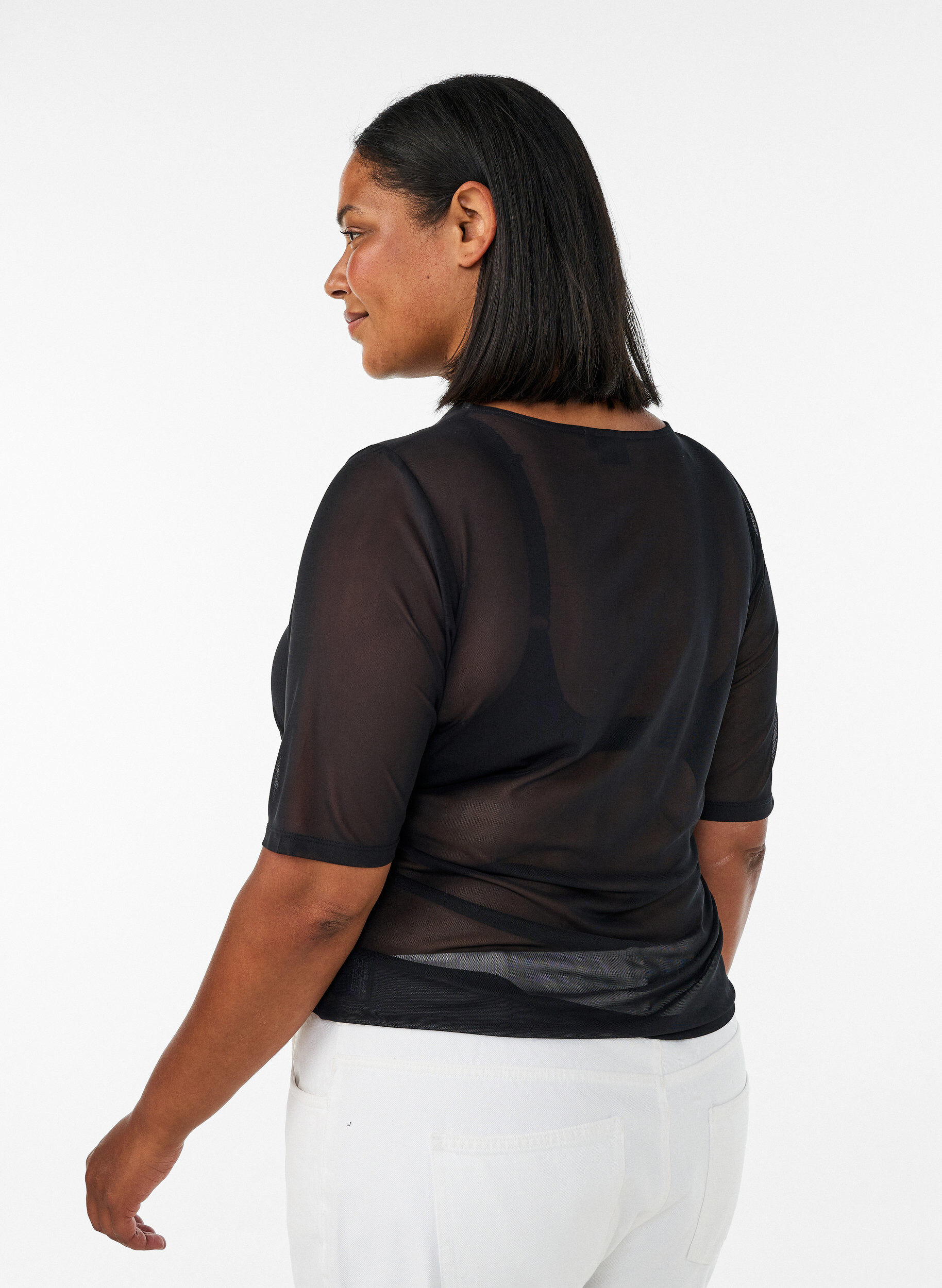ZizziTopp i mesh med korta &auml;rmar och rund hals, Svart, Model image number 1