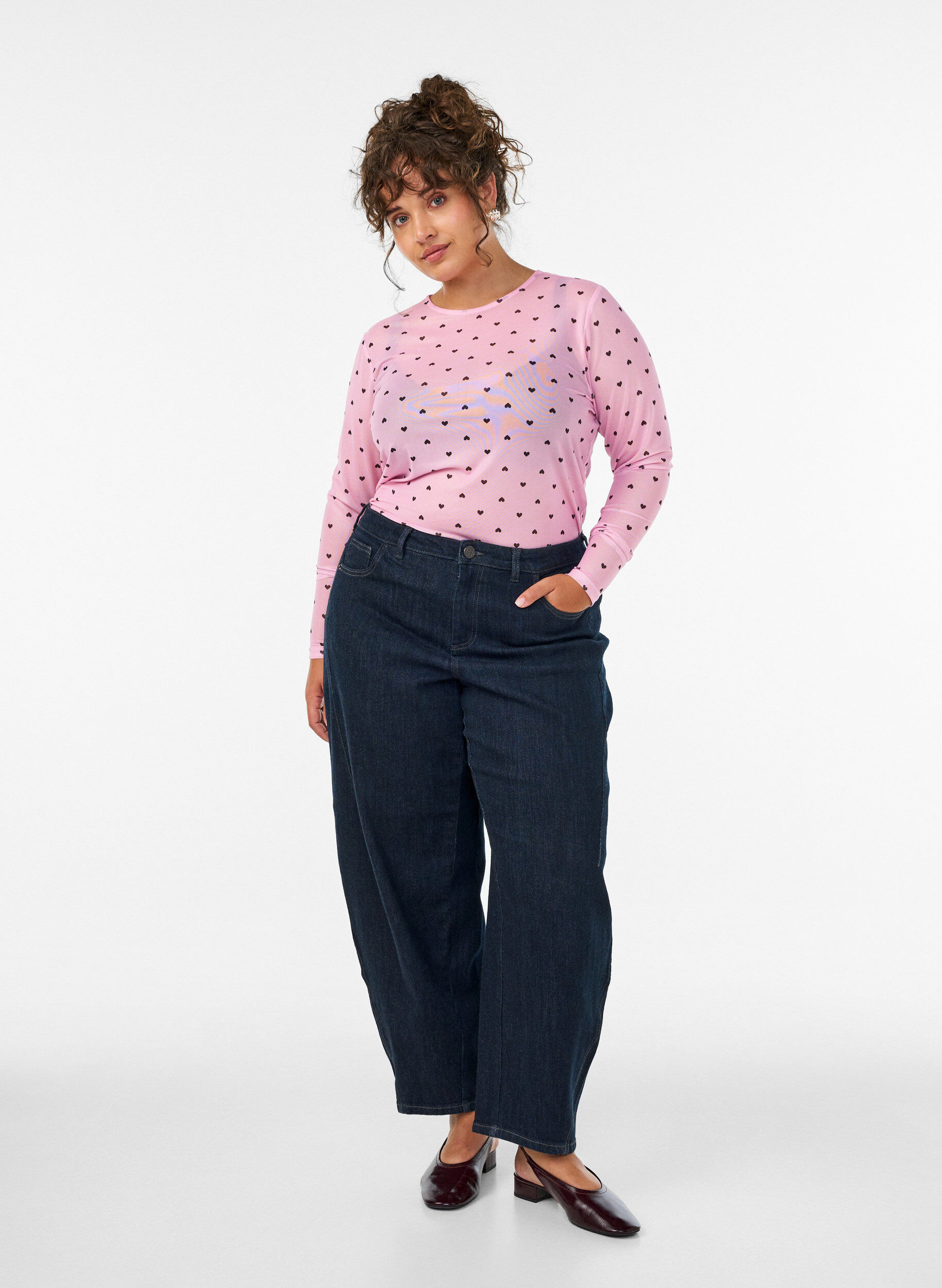 ZizziBlus i mesh med tryck, Rosa, Model image number 1