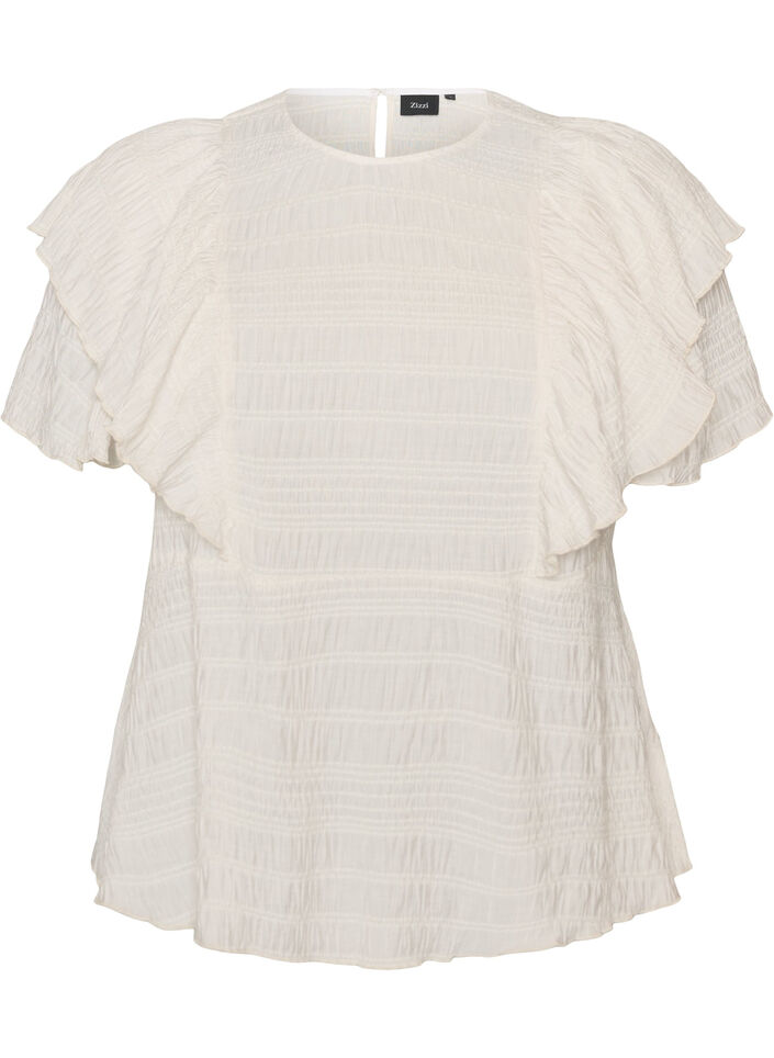 Blus med smock och volang&auml;rmar, Vanilla, Packshot image number 0