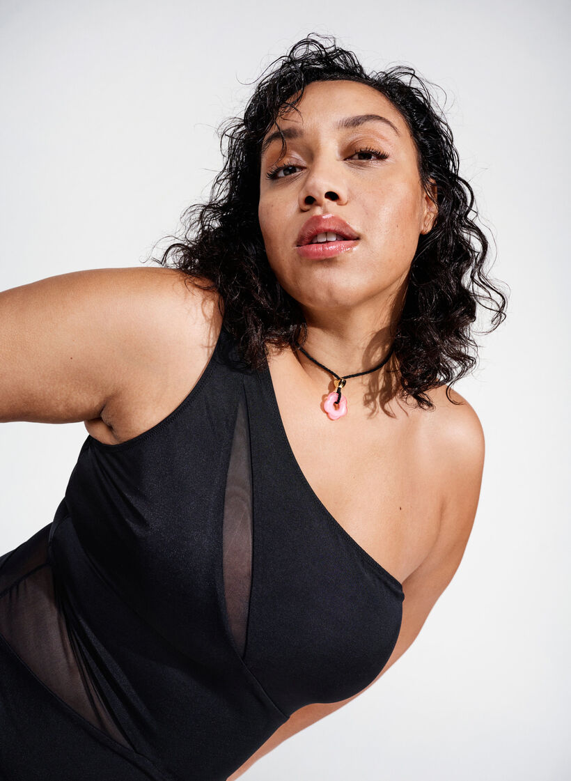 One-shoulder baddr&auml;kt med mesh, Black, Image image number 0