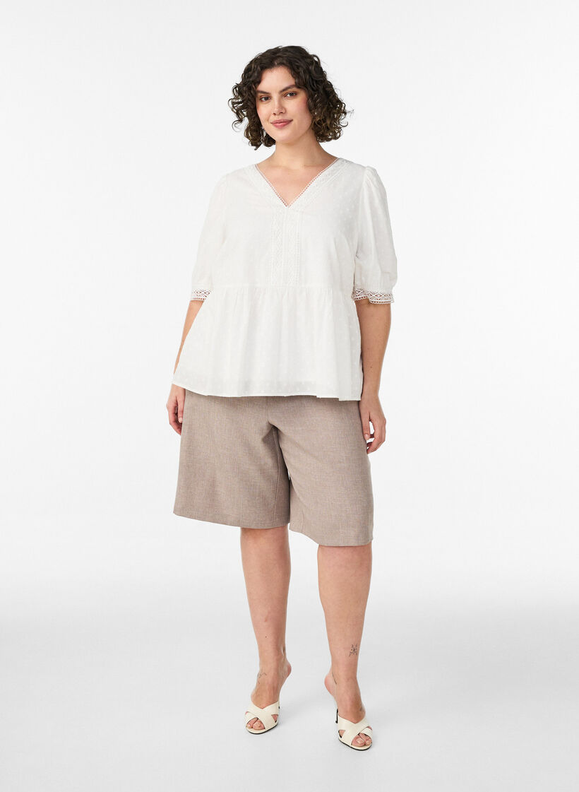 Blus i texturerad bomull med virkade detaljer, Vit, Model image number 1