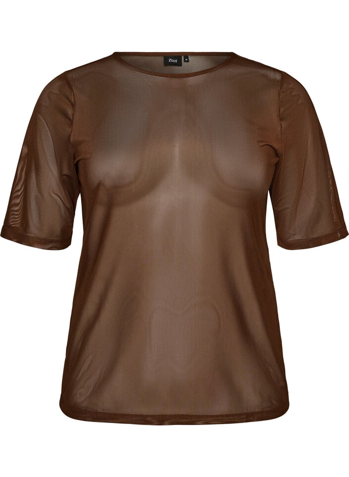 Topp i mesh med korta &auml;rmar och rund hals, Brun, Packshot image number 0