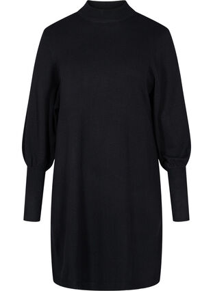 Stickad klänning med rund urringning och långa ärmar, Black, Packshot image number 0