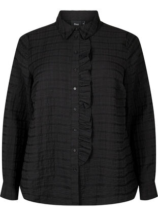 Skjorta med struktur och volanger, Black, Packshot image number 0