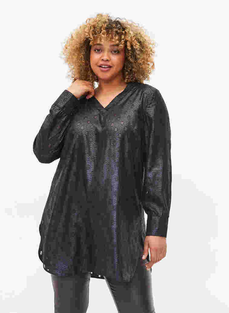 Tunika med textur, långa ärmar och v-ringning, Black, Model image number 0