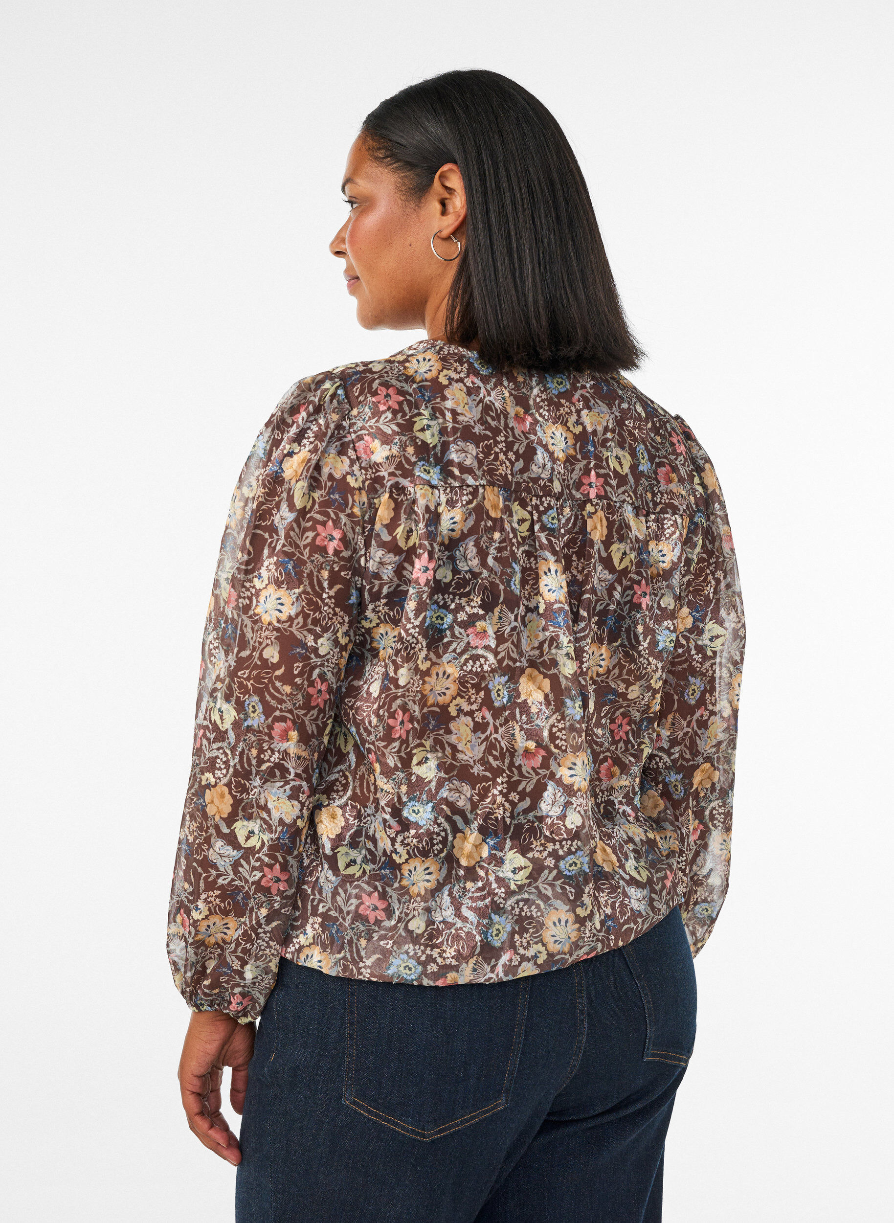 ZizziBlus med blommigt m&ouml;nster och ballong&auml;rmar, Brun, Model image number 2