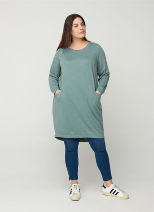 Sweatshirtklänning med långa ärmar, Balsam Green Mel, Model image number 2