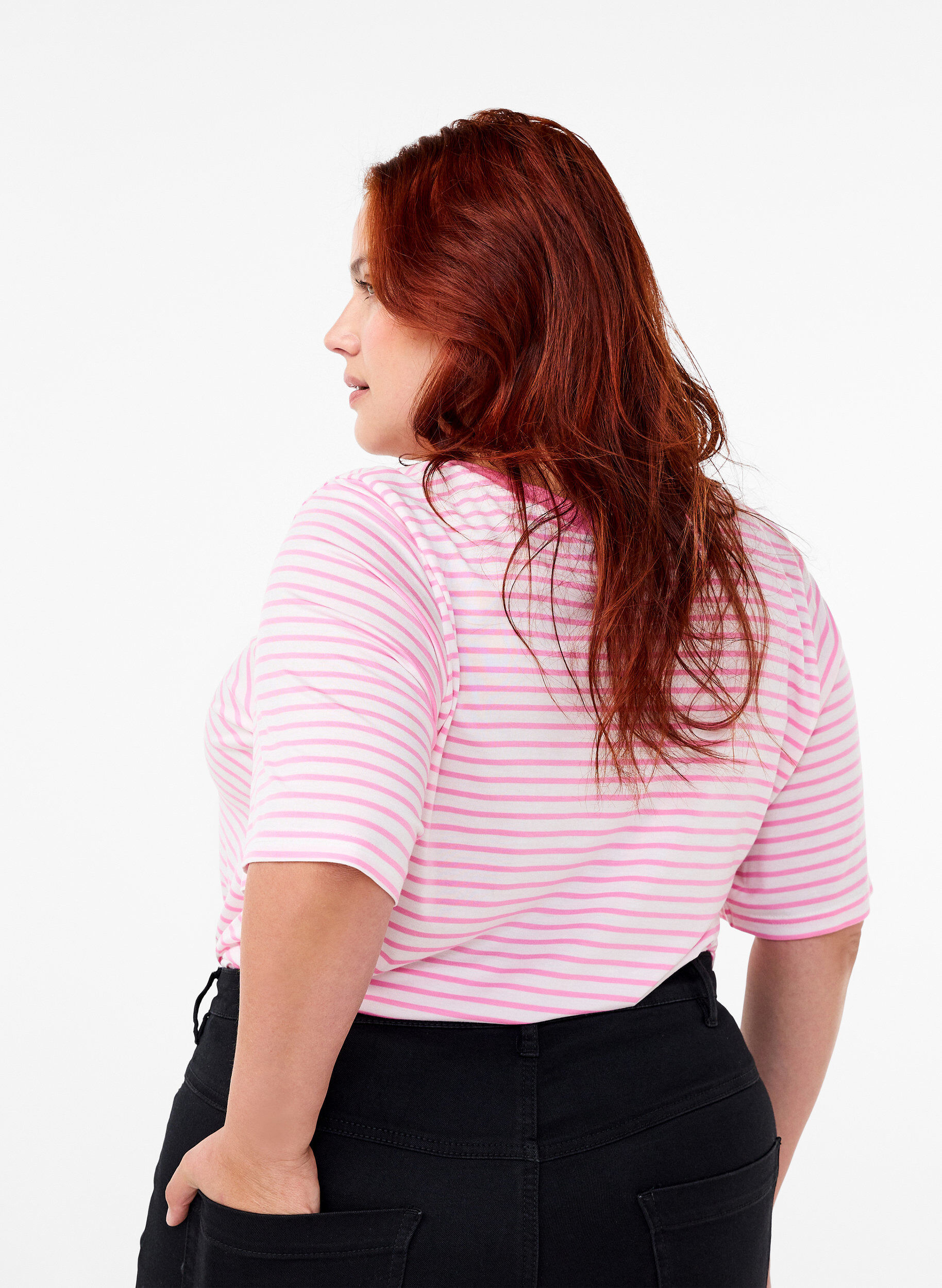 Zizzi Randig T-shirt i lyocell med rund hals, R&ouml;d, Model image number 2