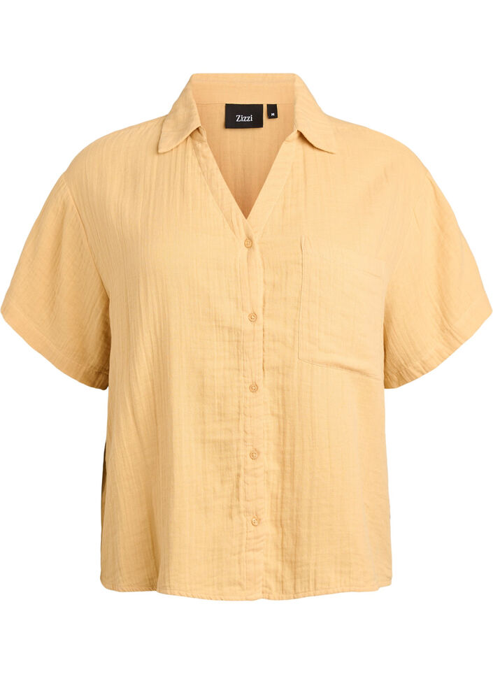 Blus i bomullsmuslin med korta &auml;rmar, Gul, Packshot image number 0