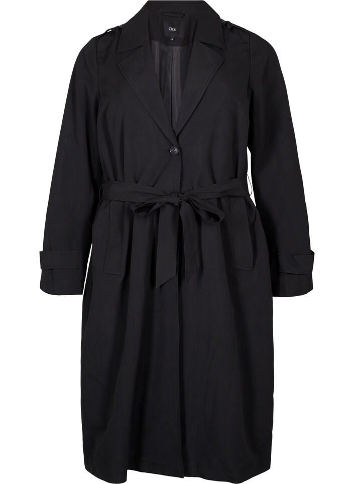 Lång trenchcoat med skärp, Black, Packshot image number 0