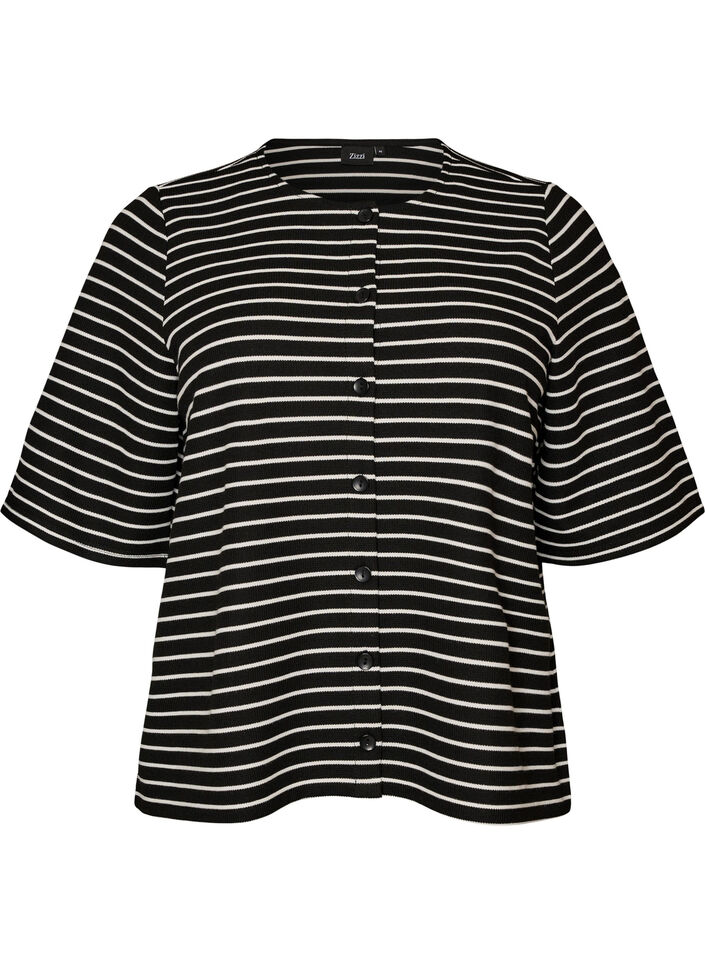 Blus med ribbad struktur och kn&auml;ppning, Svart, Packshot image number 0