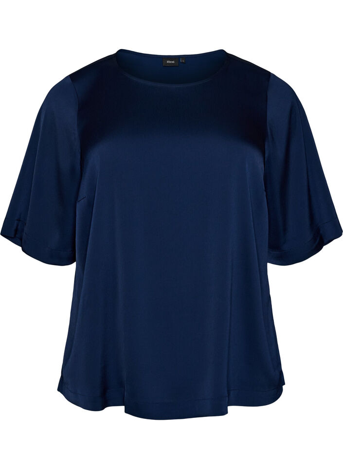 Blus i satin med armb&aring;gsl&aring;nga &auml;rmar, Bl&aring;, Packshot image number 0