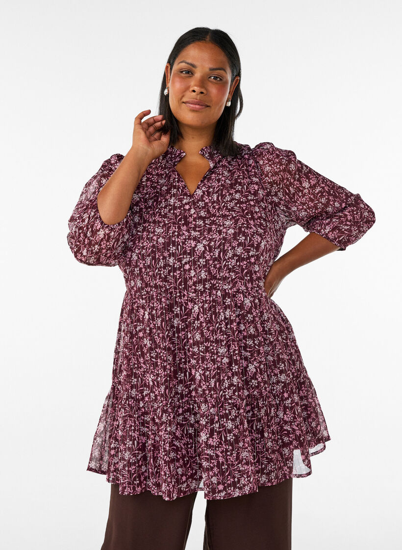 Tunika med blomm&ouml;nster och glittertr&aring;dar, R&ouml;d, Model image number 0