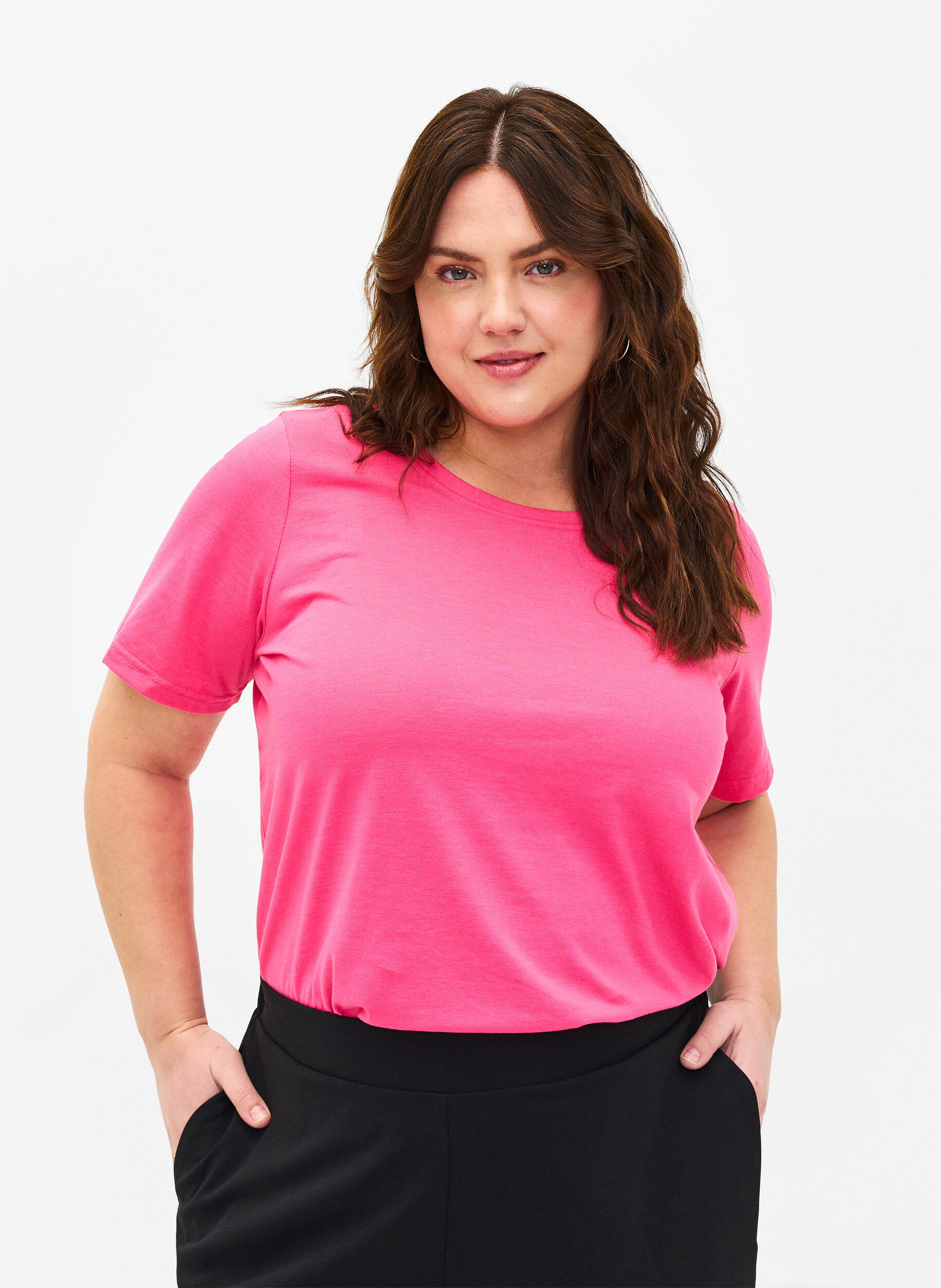 Zizzi FLASH - T-shirt med rund halsringning, Hot Pink, Model image number 0