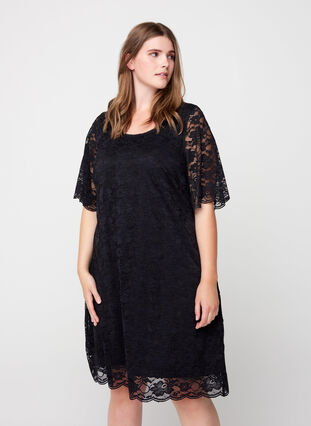 Kortärmad spetsklänning, Black, Model image number 2