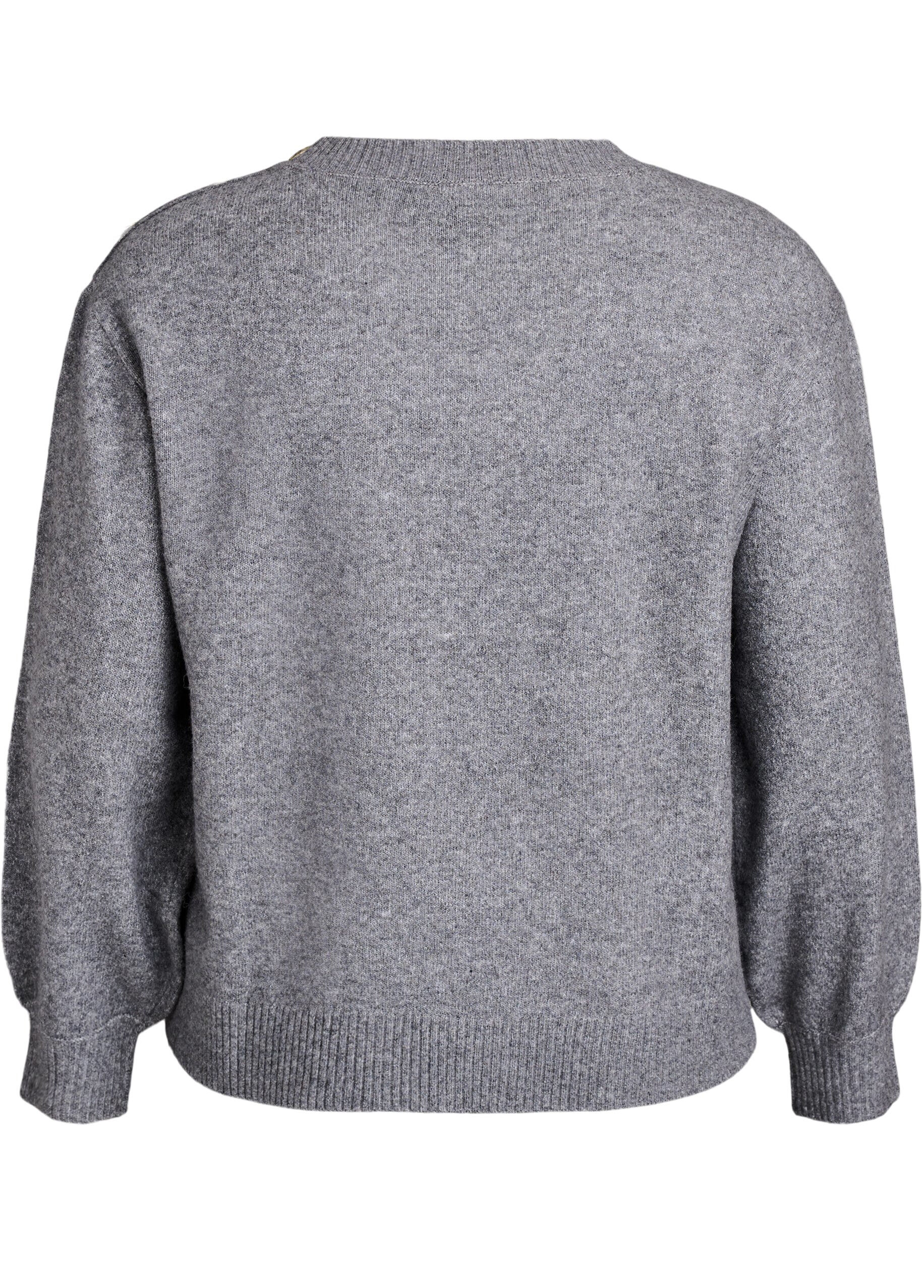 Zizzi Stickad blus med knappdetalj, Gr&aring;, Packshot image number 1