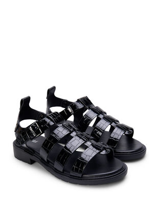 Sandal med bred passform i glänsande krokodilskinn, Black, Packshot image number 1