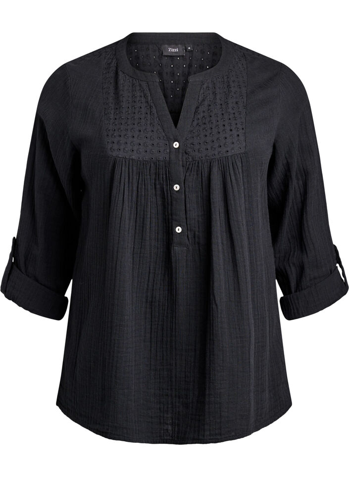 Blus i bomullsmuslin med broderie anglaise, Svart, Packshot image number 0