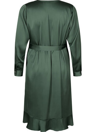 Långärmad omlottklänning i satin, Duck Green, Packshot image number 1