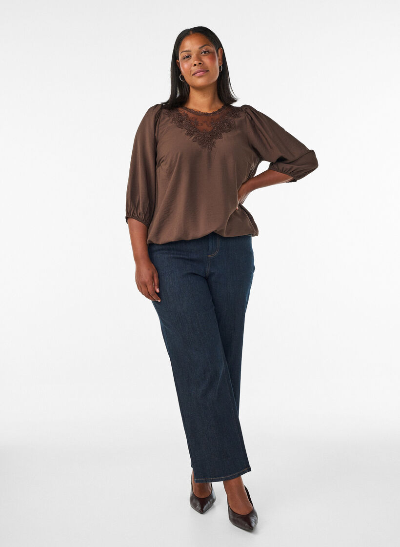Blus med 3/4-&auml;rm och spetsdetaljer, Brun, Model image number 1