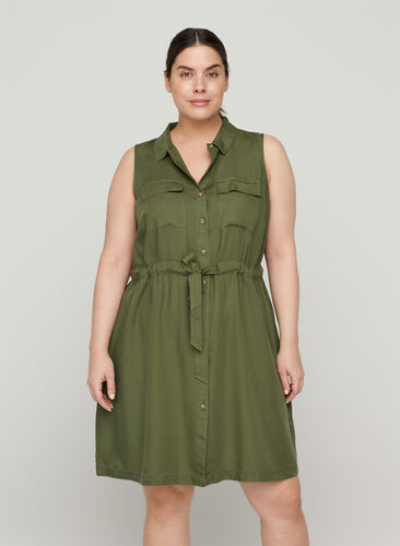 Ärmlös skjortklänning med justerbar midja, Kaki Green, Model image number 0