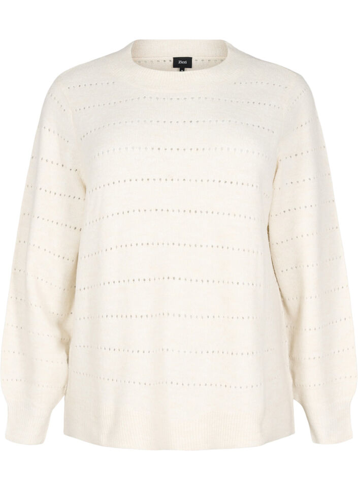 Stickad blus med rund hals och hålmönster, Birch Mel., Packshot image number 0