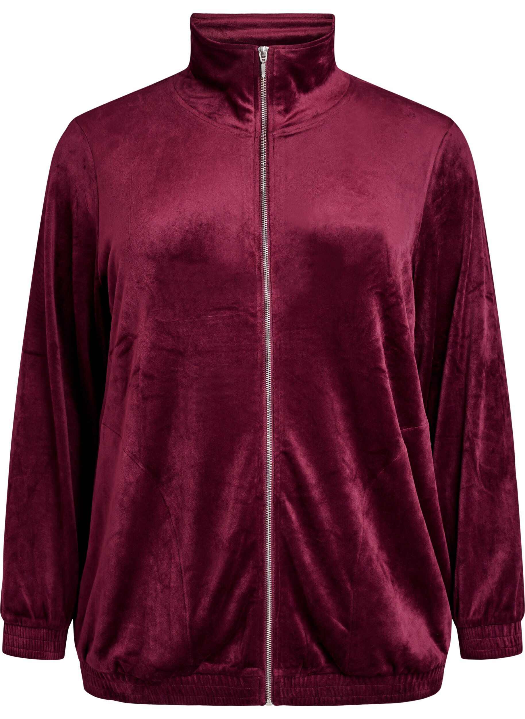 ZizziCardigan i velour med dragkedja och h&ouml;g krage, M&ouml;rk Bordeaux, Packshot image number 0
