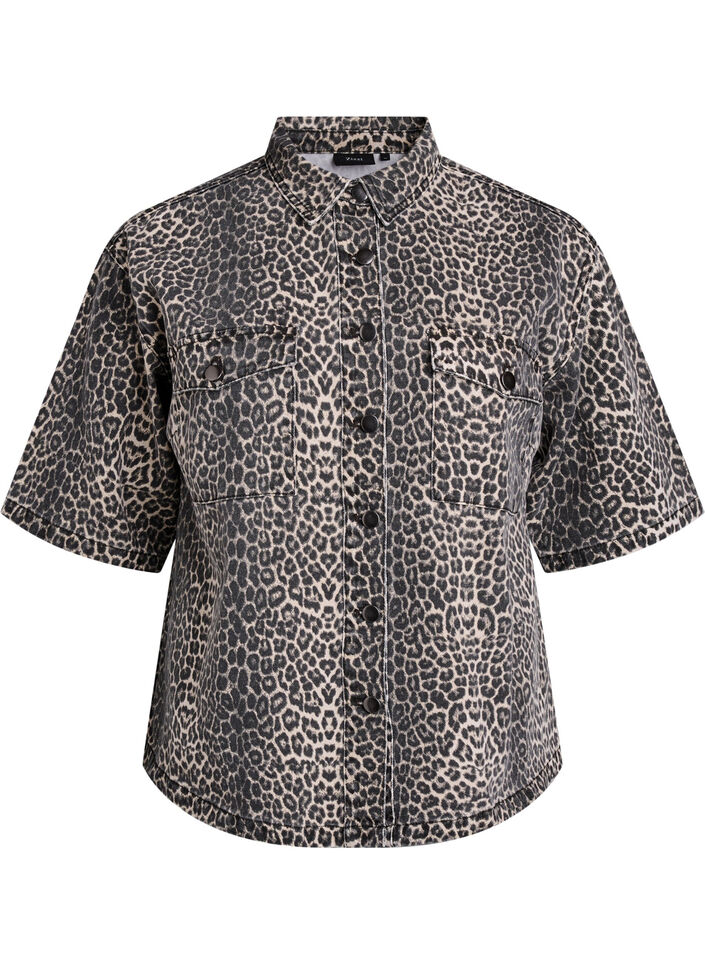 Denimskjorta med leopardm&ouml;nster och korta &auml;rmar, Brun, Packshot image number 0