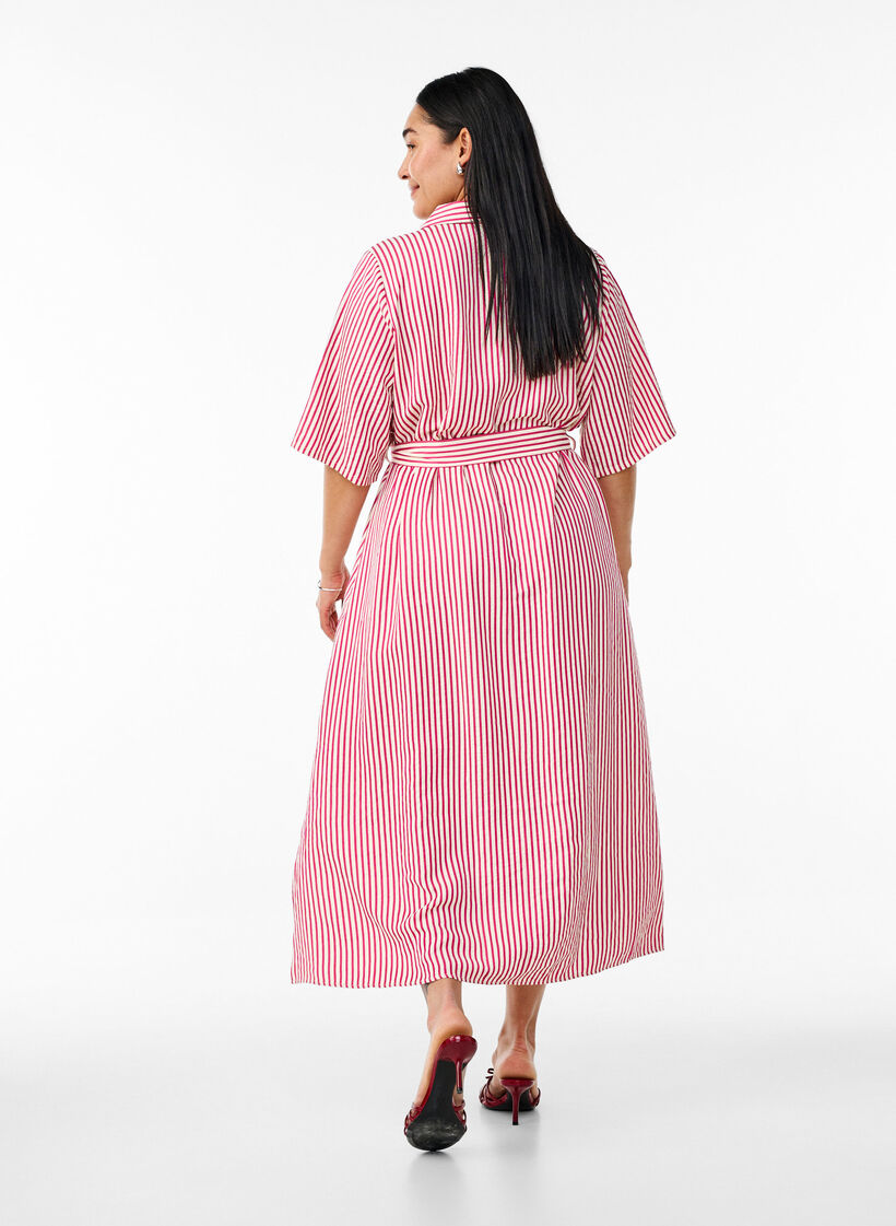 Ankellång skjortklänning med knytskärp och ränder, Rosa, Model image number 1