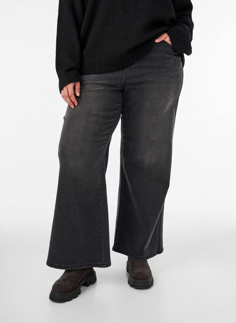 Jeans i bred passform med vertikala denimdetaljer, Gr&aring;, Model image number 3