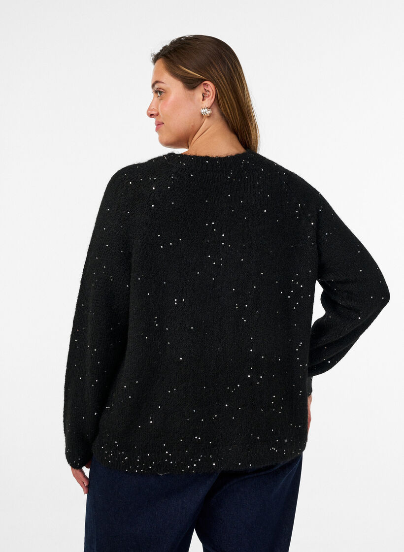 Cardigan med paljetter och knappar, Svart, Model image number 2